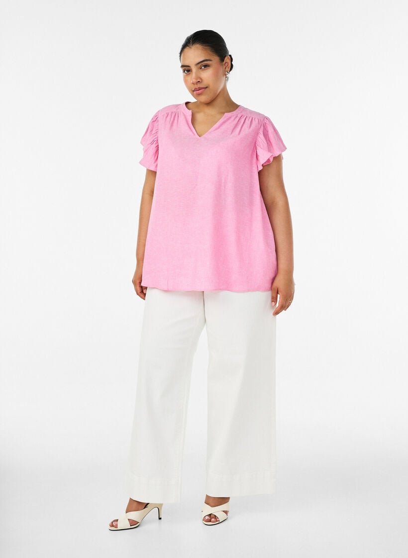 Bluse i viskose og h&oslash;r med fl&aelig;se&aelig;rmer, Lyser&oslash;d, Model image number 1