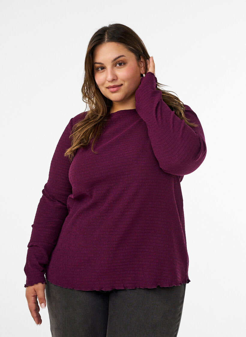 Bluse med struktur og b&oslash;lgede kanter, Lilla, Model image number 0