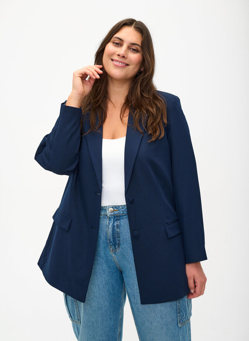 Klassisk blazer med knaplukning, Navy Blazer, Model image number 0