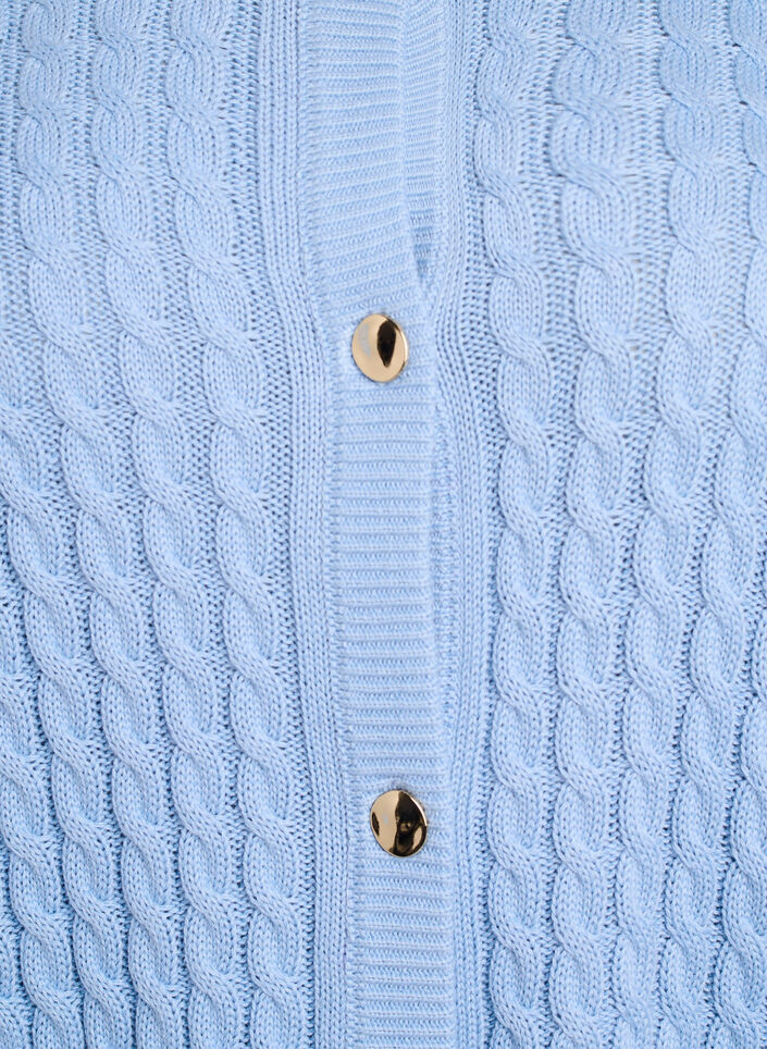 Kabelstrikket cardigan med gyldne knapper, Bl&aring;, Packshot image number 2