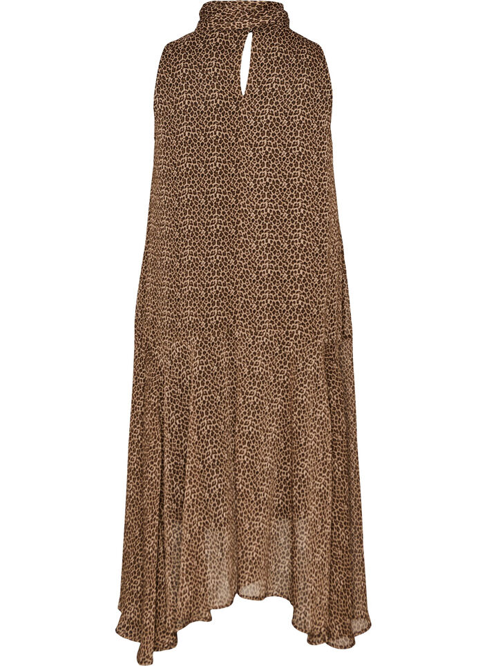 Midikjole i chiffon med leopardprint og bindeb&aring;nd, Brun, Packshot image number 1