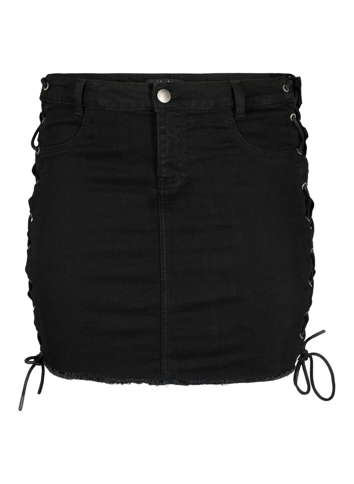 Kort denimnederdel med snøredetaljer, Black, Packshot image number 0
