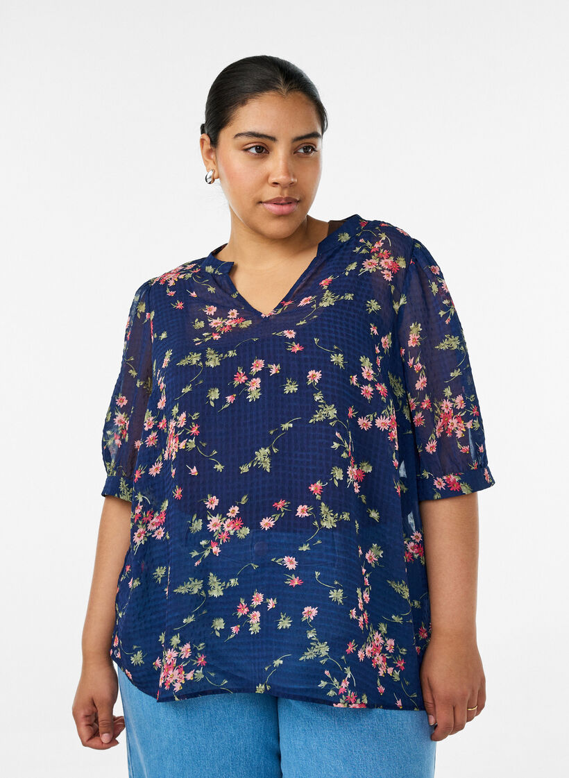 Bluse med blomsterprint og V-udsk&aelig;ring, Bl&aring;, Model image number 0