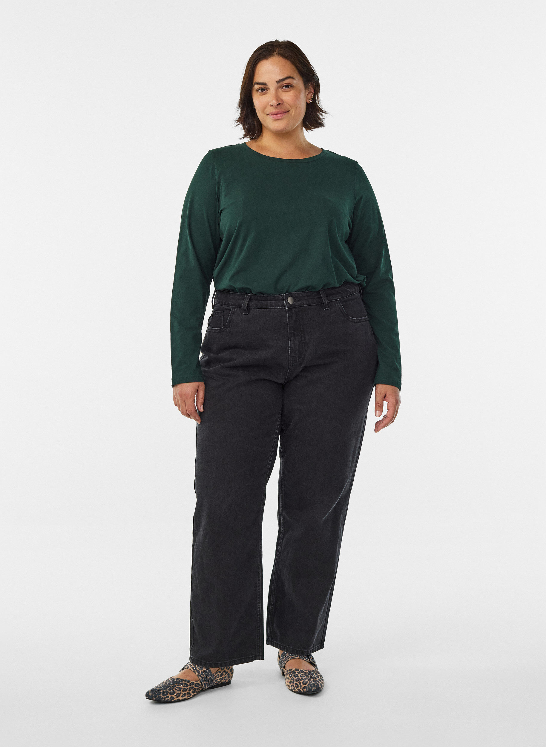 Zizzi Basis jerseybluse med lange &aelig;rmer, Gr&oslash;n, Model image number 1
