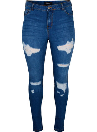Slim fit jeans med sliddetaljer, Blue Denim, Packshot image number 0
