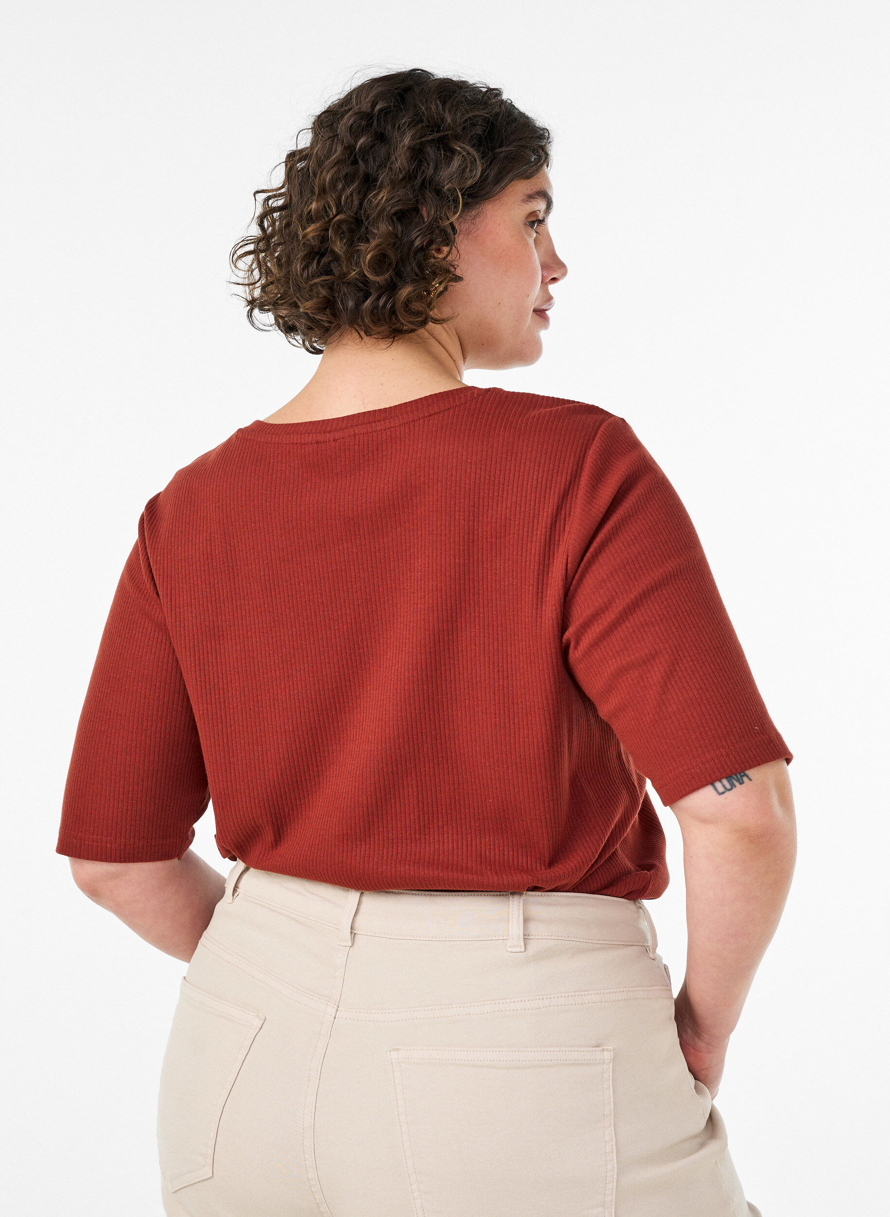 ZizziRibbet jerseybluse med korte &aelig;rmer, R&oslash;d, Model image number 2
