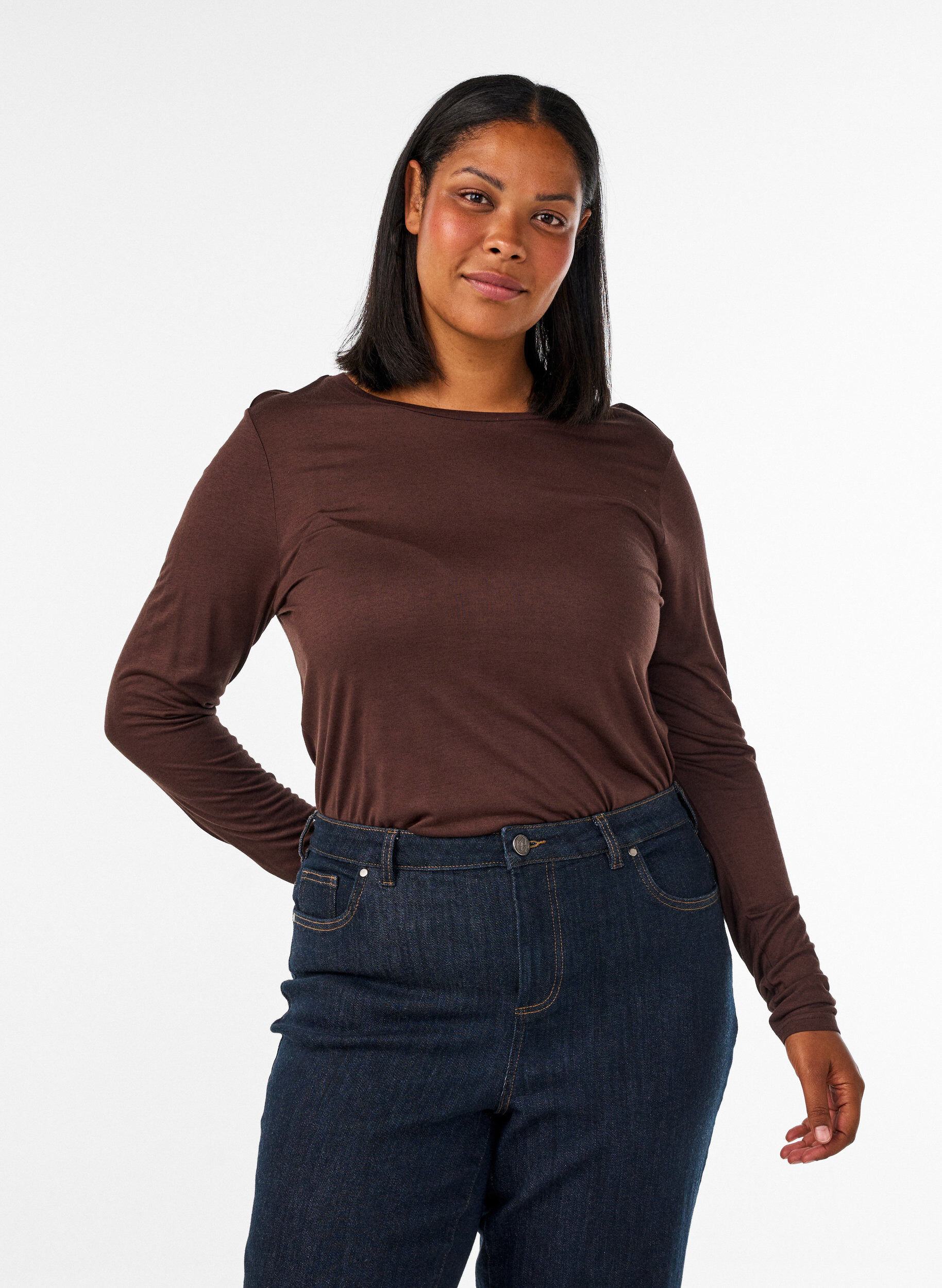 ZizziLang&aelig;rmet bluse i uld og viskose, Brun, Model image number 0