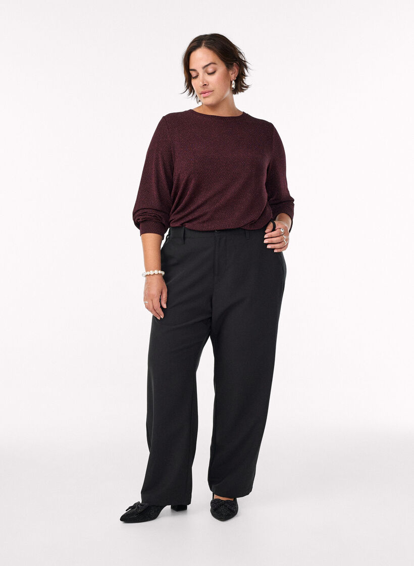 Bluse med sildebensm&oslash;nster og glittertr&aring;d, M&oslash;rk Bordeaux, Model image number 1
