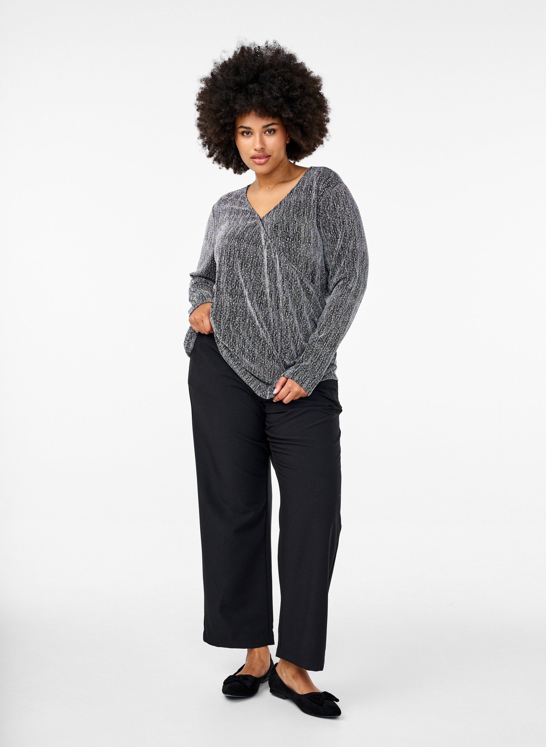 Zizzi Wraplook glitter festbluse, Sort, Model image number 1