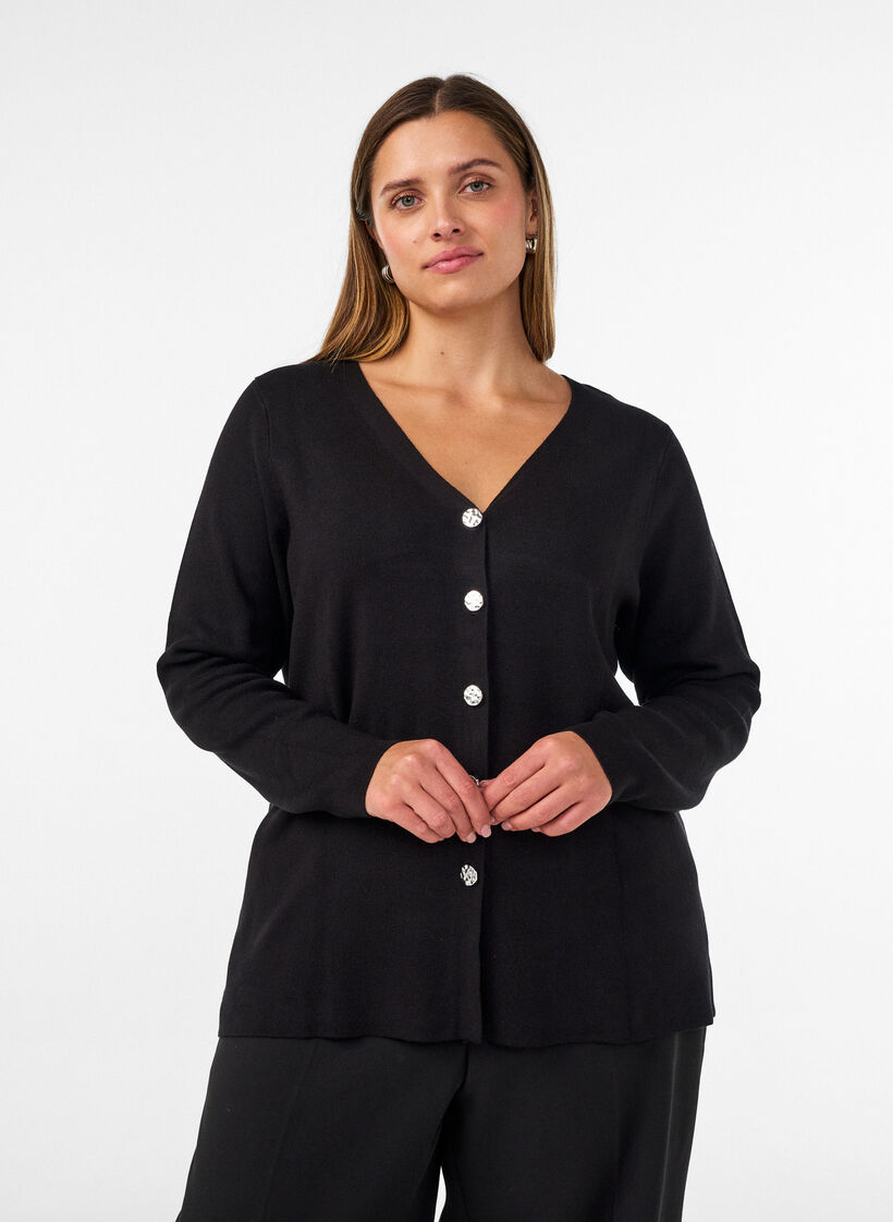 Finstrikket cardigan med dekorative knapper, Sort, Model image number 0