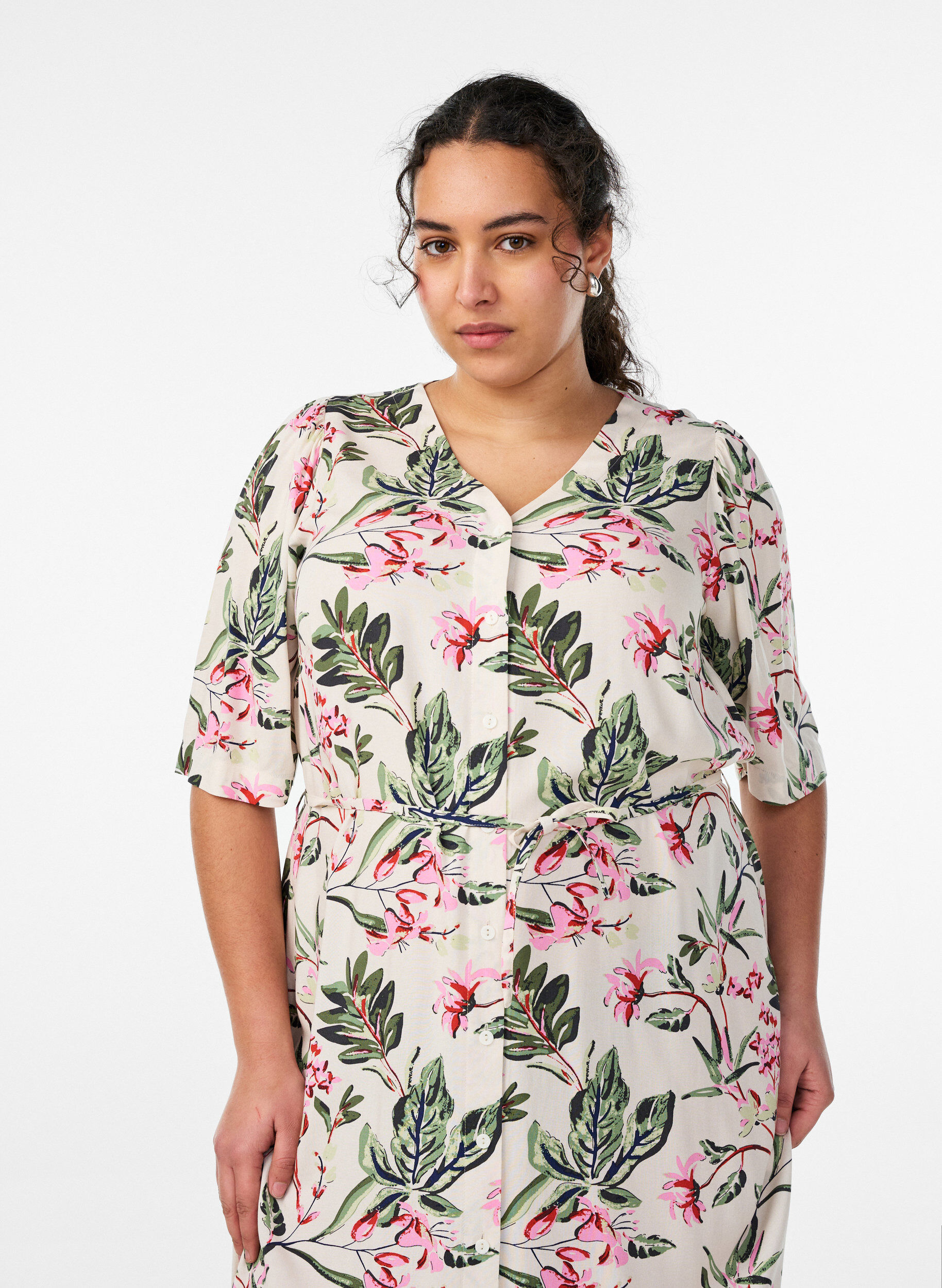 Zizzi Midikjole med print og bindeb&aring;nd, Vanilla, Model image number 2