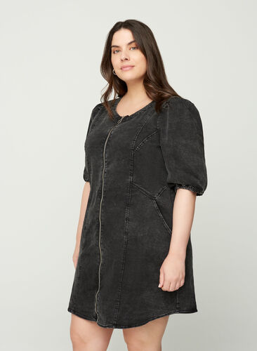 Kortærmet denim kjole med lynlås, Grey Denim ASS, Model image number 0