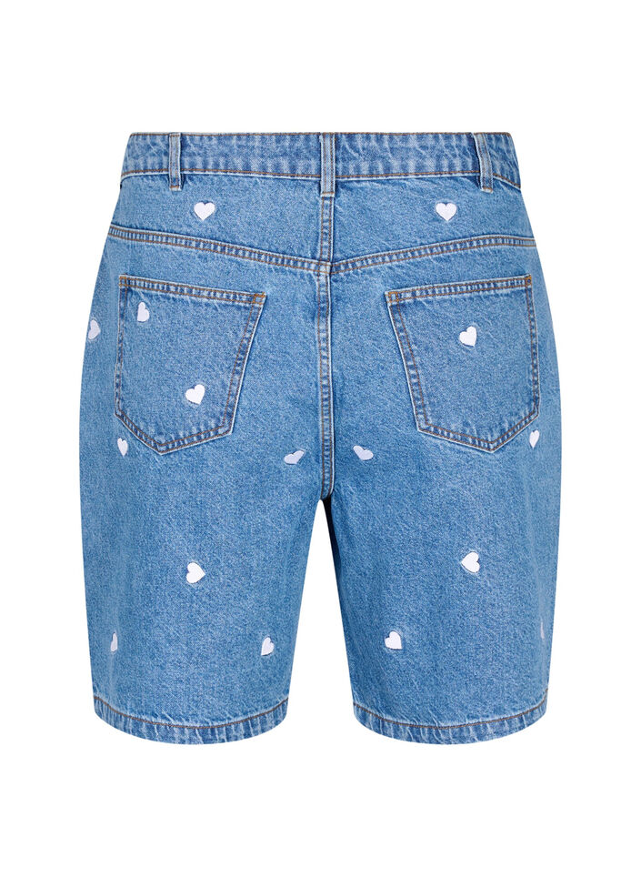 Denimshorts med høj talje og broderede hjerter, Blå, Packshot image number 1