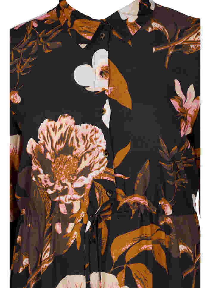 Blomstret viskosekjole med snøre, Black Flower AOP, Packshot image number 2
