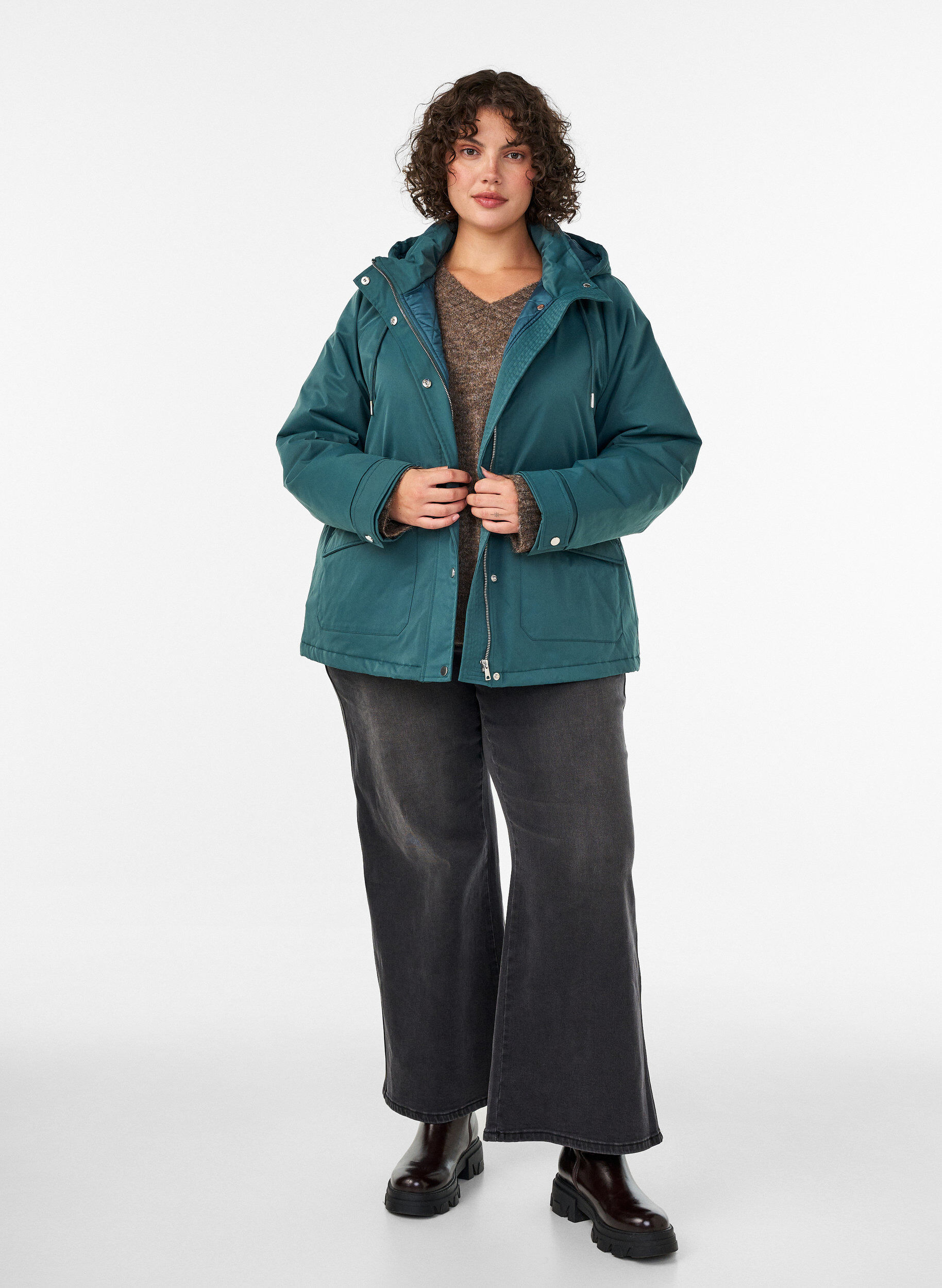 ZizziVatteret parka med aftagelig h&aelig;tte, Gr&oslash;n, Model image number 1