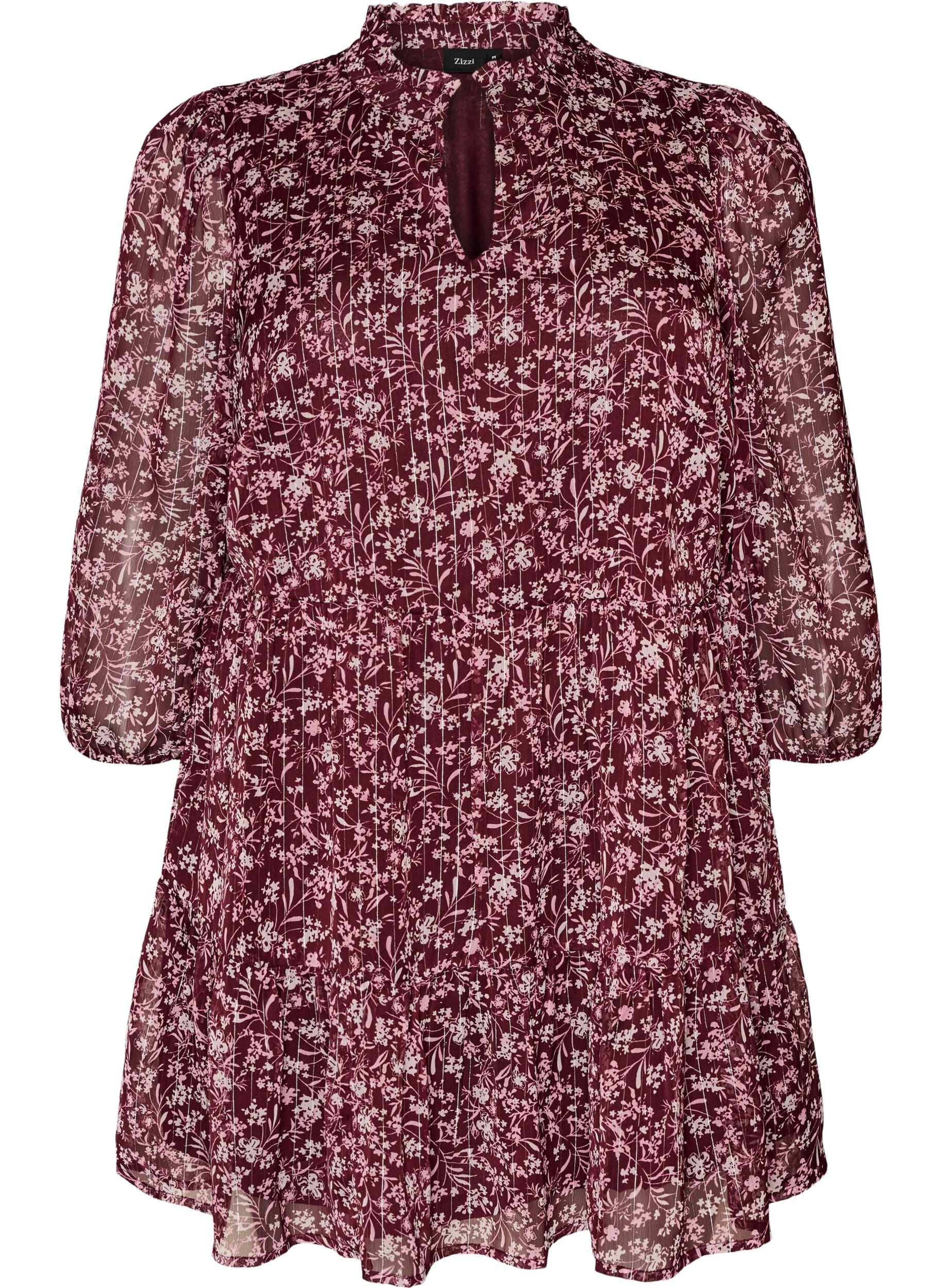 ZizziTunika med blomsterprint og glittertr&aring;de, R&oslash;d, Packshot image number 0