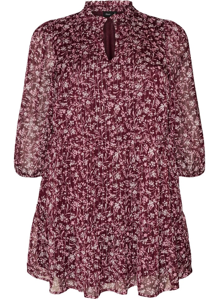Tunika med blomsterprint og glittertr&aring;de, R&oslash;d, Packshot image number 0