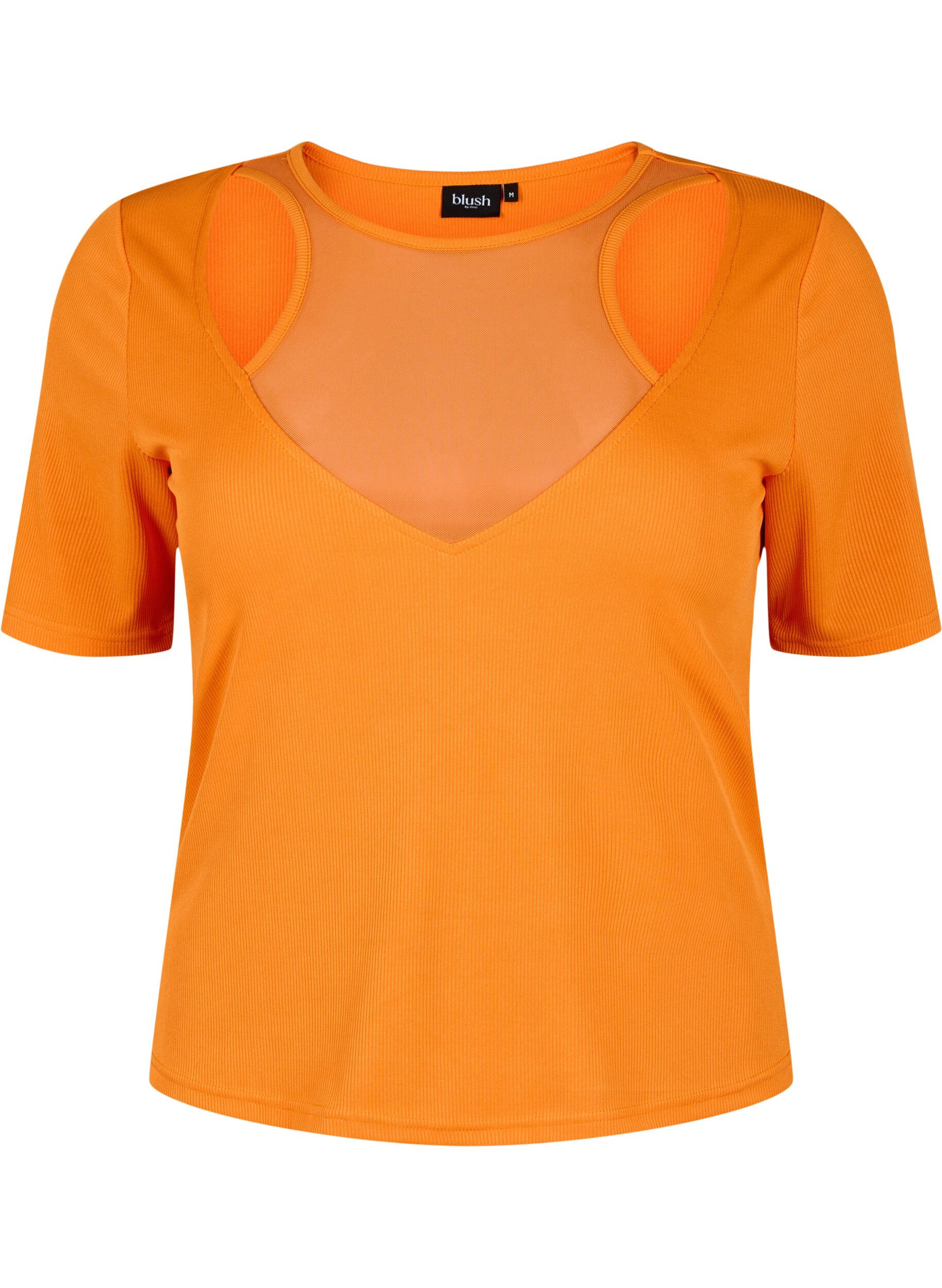 Zizzi T&aelig;tsiddende bluse med v-hals og meshdetalje, Vibrant Orange, Packshot image number 0
