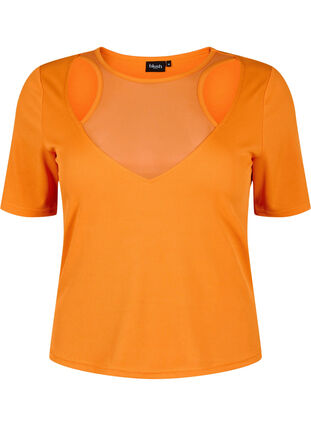 Tætsiddende bluse med v-hals og meshdetalje, Vibrant Orange, Packshot image number 0