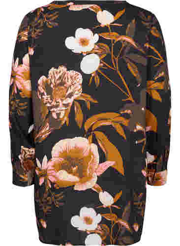 Blomstret tunika med lange ærmer i viskose, Black Flower AOP, Packshot image number 1