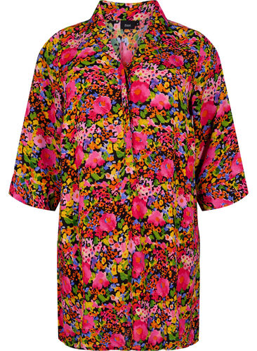 Blomstret viskose tunika med 3/4 ærmer, Neon Flower Print, Packshot image number 0