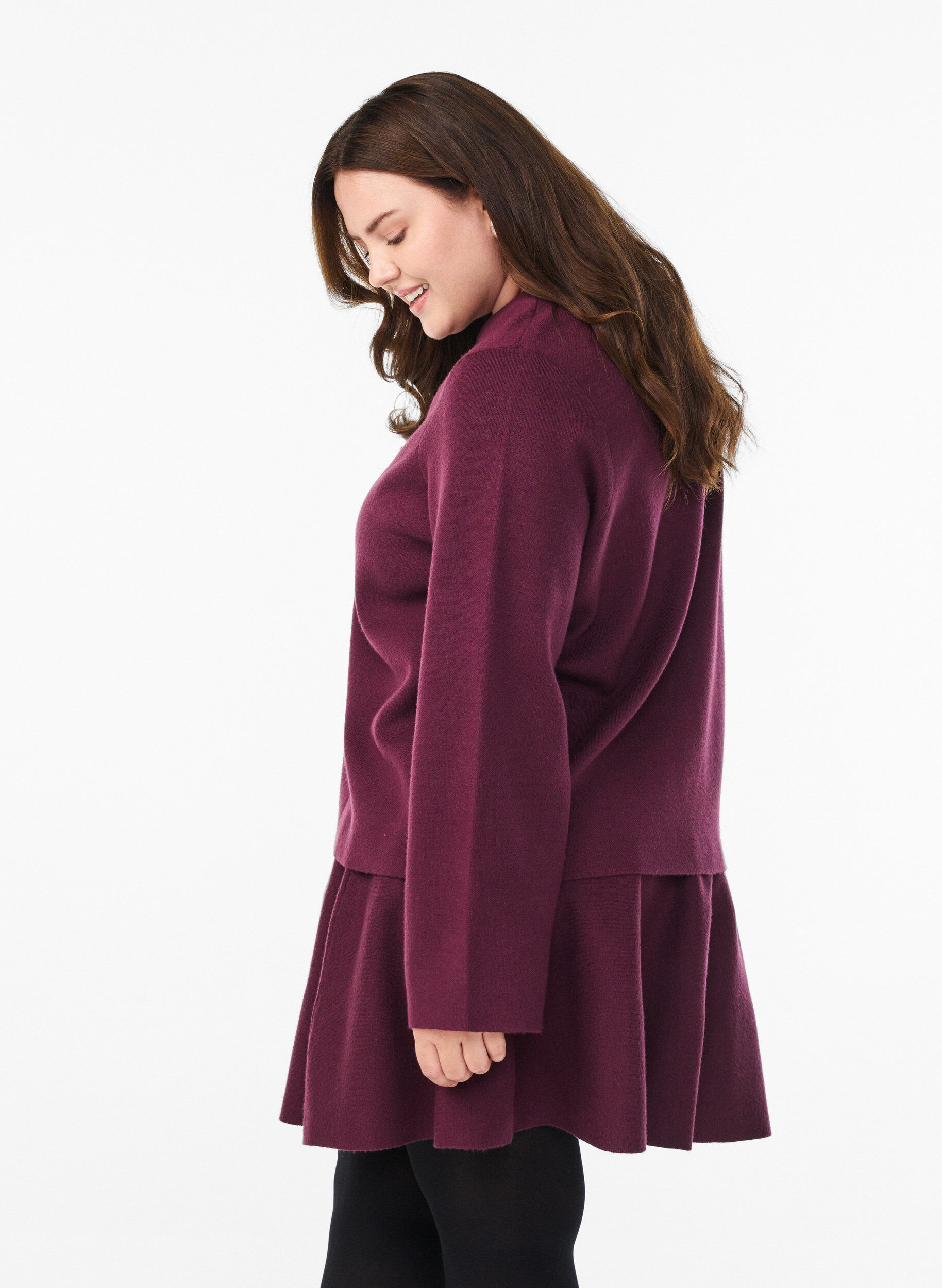 Zizzi Cardigan med v-udsk&aelig;ring og brede &aelig;rmer, M&oslash;rk Bordeaux, Model image number 2