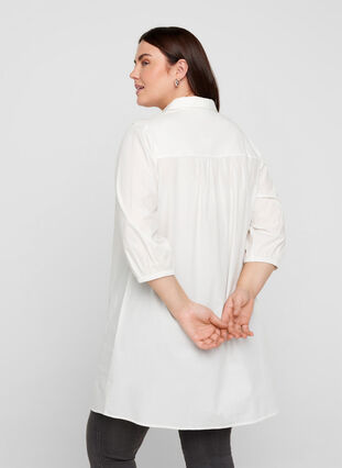Bomulds tunika med 3/4 ærmer og blonder, Bright White, Model image number 1