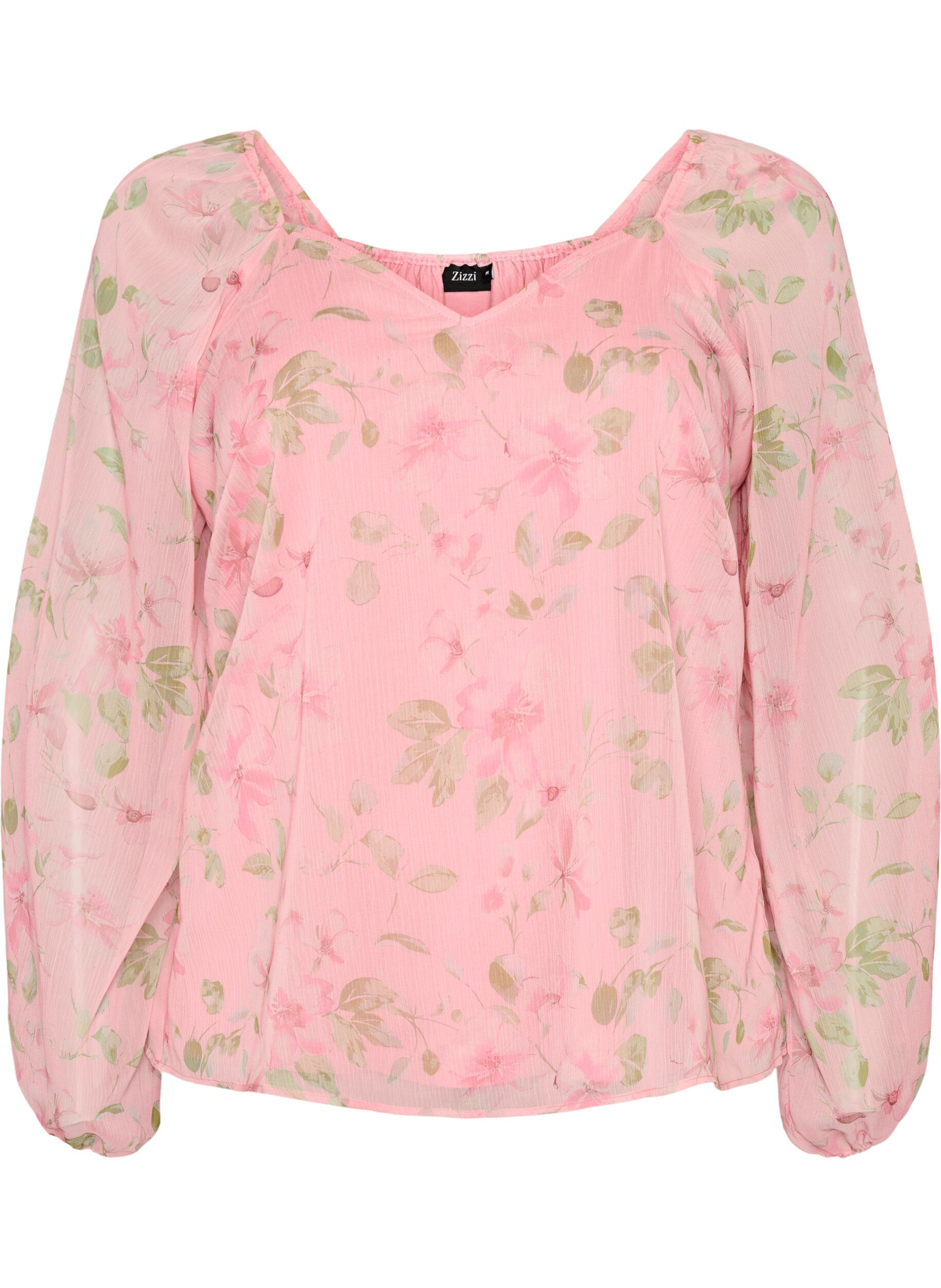 ZizziChiffonbluse med blomster og lange &aelig;rmer , Lyser&oslash;d, Packshot image number 0