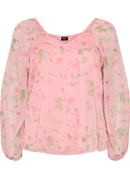 Chiffonbluse med blomster og lange &aelig;rmer , Lyser&oslash;d
