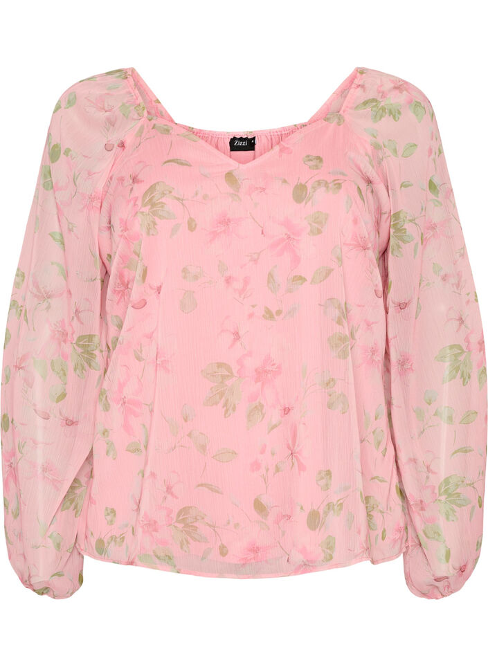 Chiffonbluse med blomster og lange &aelig;rmer , Lyser&oslash;d, Packshot image number 0