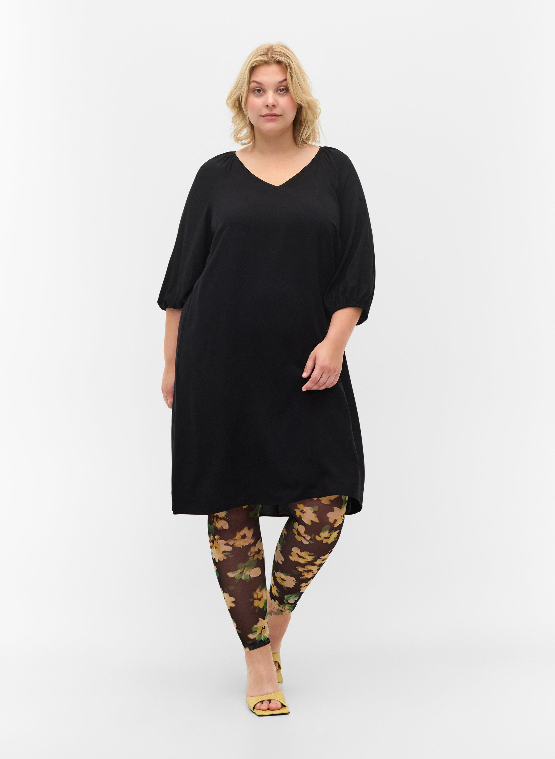 Zizzi Mesh leggings med blomsterprint, Yellow Green AOP, Model image number 0