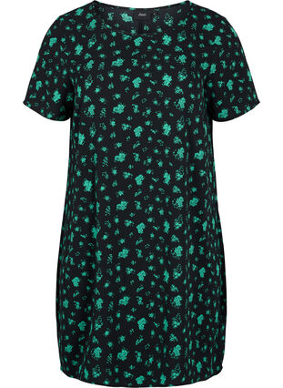 Printet kjole med korte ærmer, Green Flower AOP, Packshot image number 0