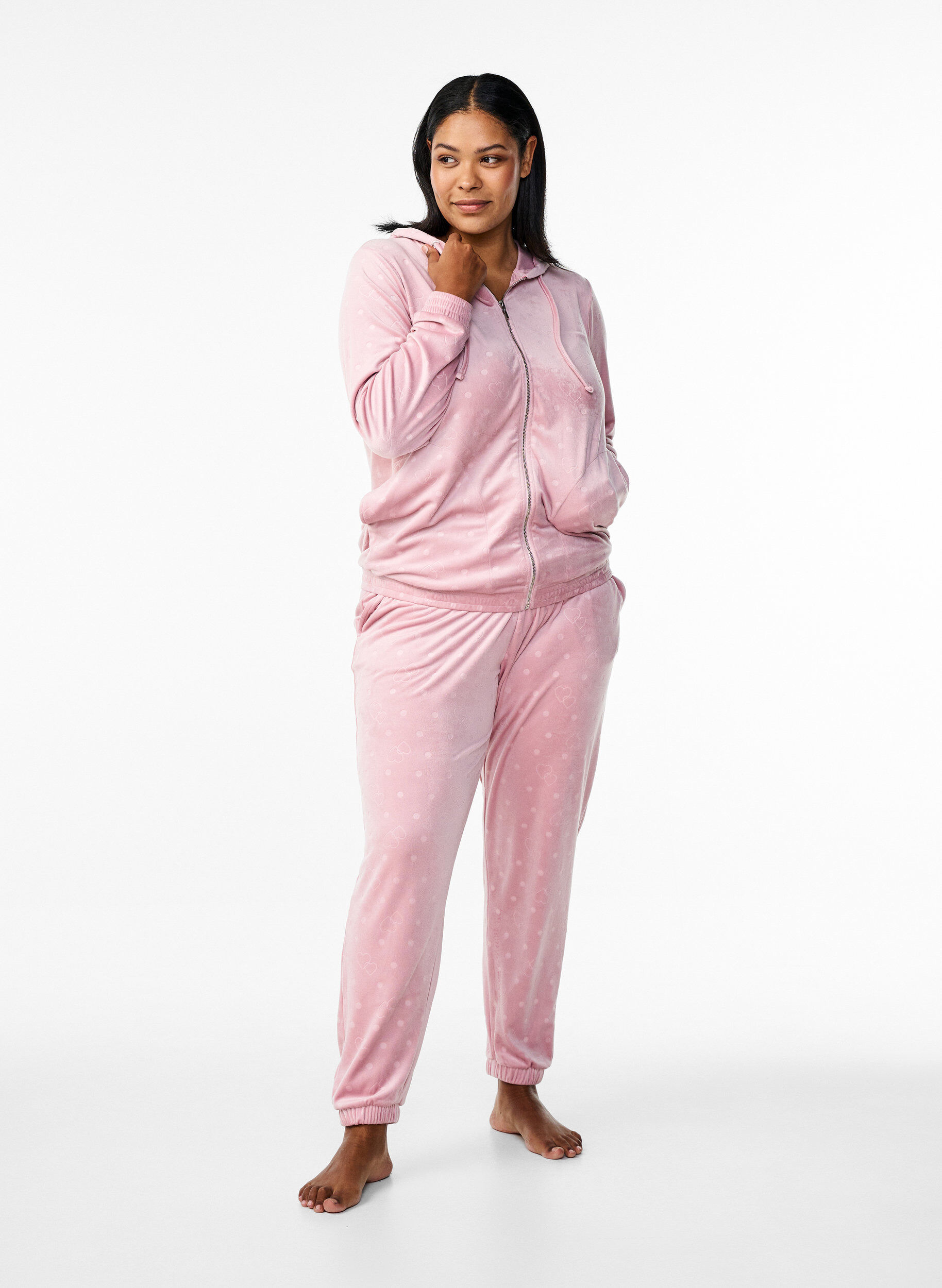 Zizzi Velour bukser med pr&aelig;get m&oslash;nster, Lyser&oslash;d, Model image number 0