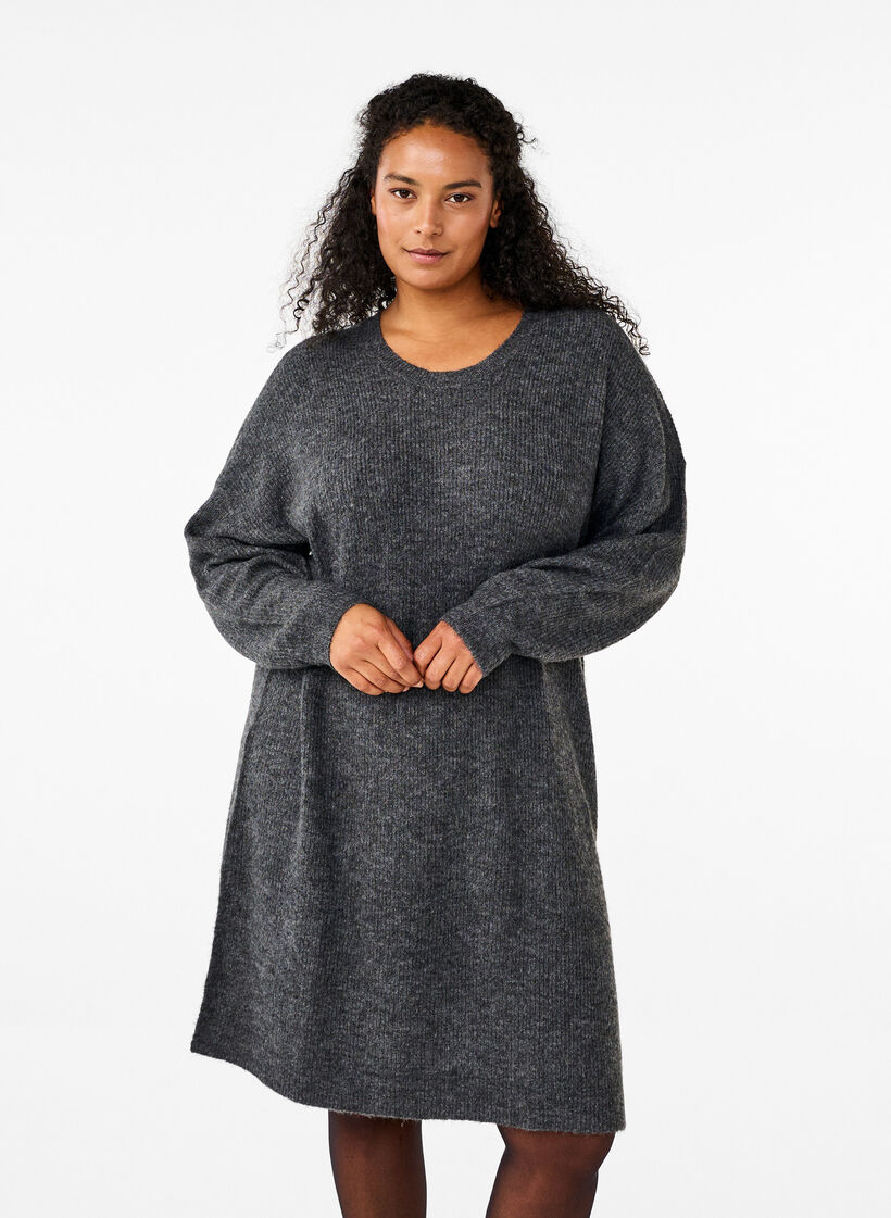 Langærmet ribstrikket kjole, Dark Grey Black Mel., Model image number 0