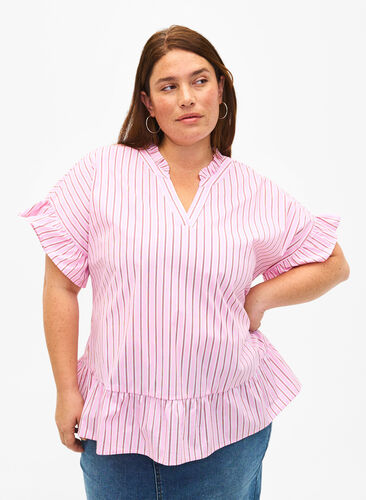 Stribet bluse med peplum og flæsedetaljer, Pink Red Stripe, Model image number 0
