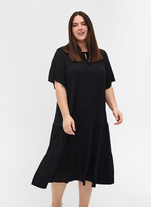 Kortærmet viskose kjole med print, Black, Model image number 0