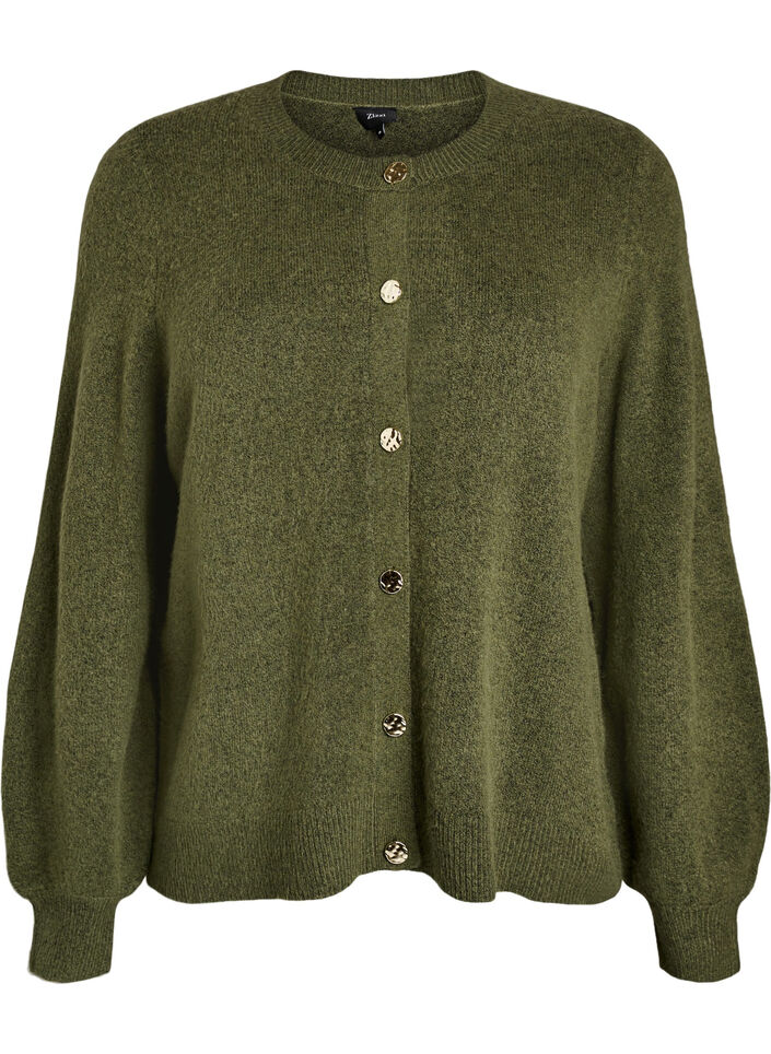 Cardigan i bl&oslash;d strik med guldfarvede knapper, Gr&oslash;n, Packshot image number 0