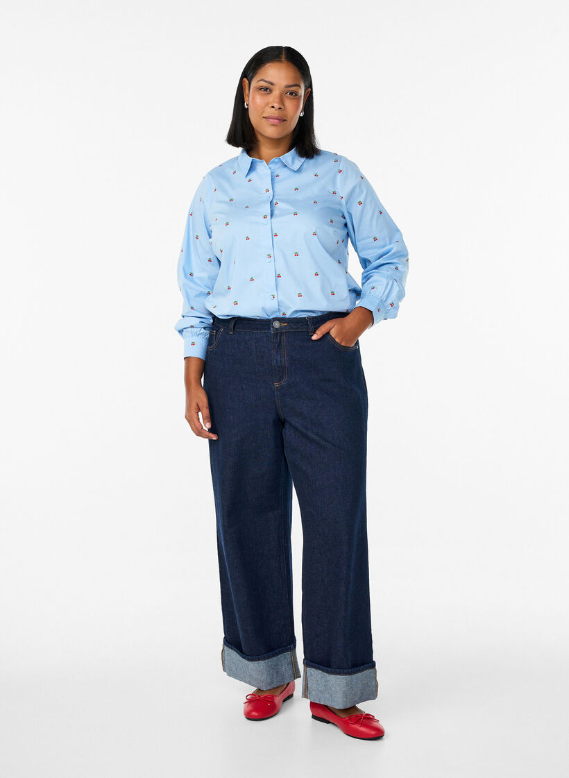 Skjorte med broderede kirseb&aelig;r, Bl&aring;, Model image number 1