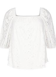 Bluse med korte puf&aelig;rmer og hulm&oslash;nster, Hvid