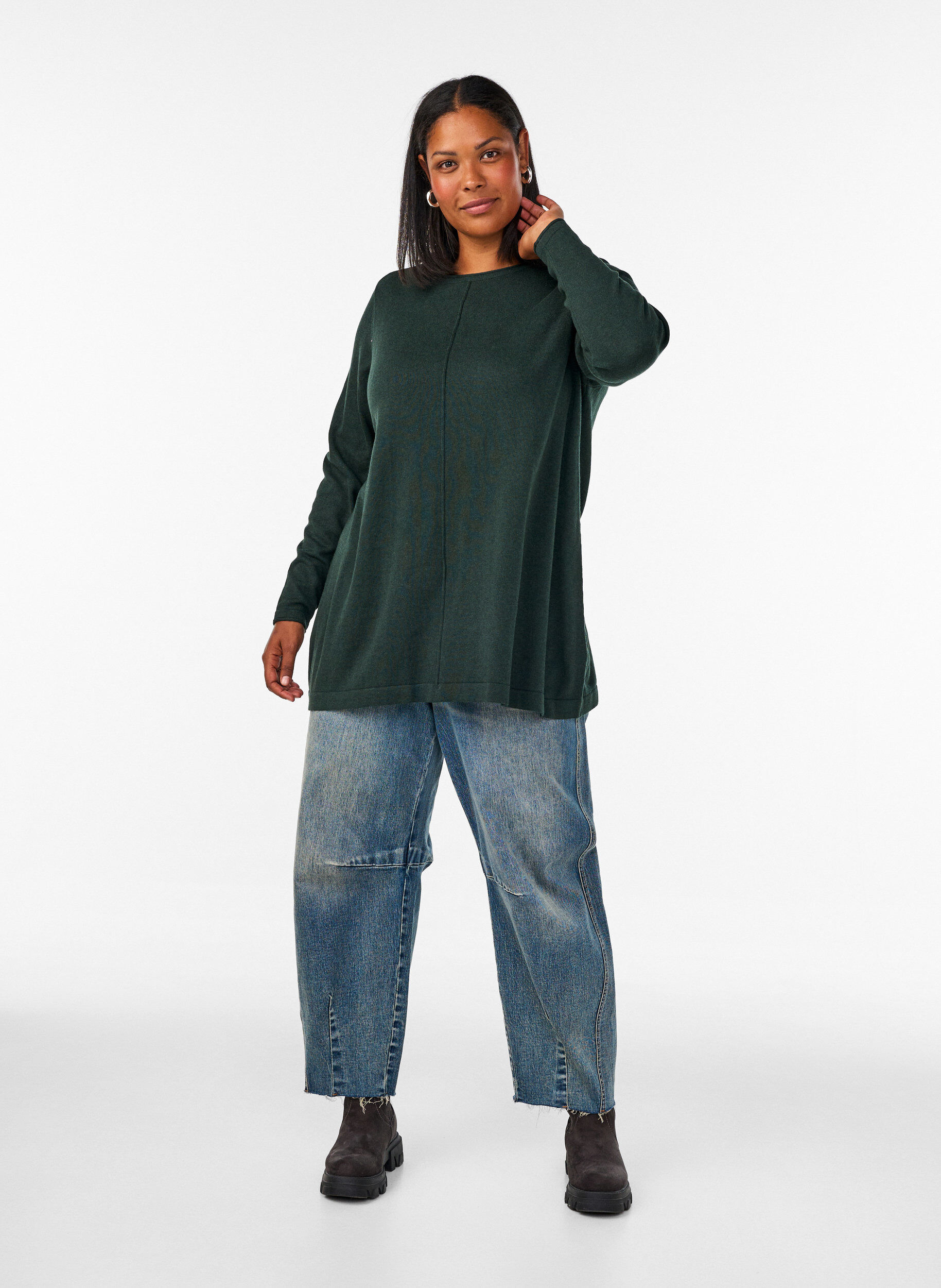 ZizziStrikbluse i bomulds-viskosemix, Gr&oslash;n, Model image number 1
