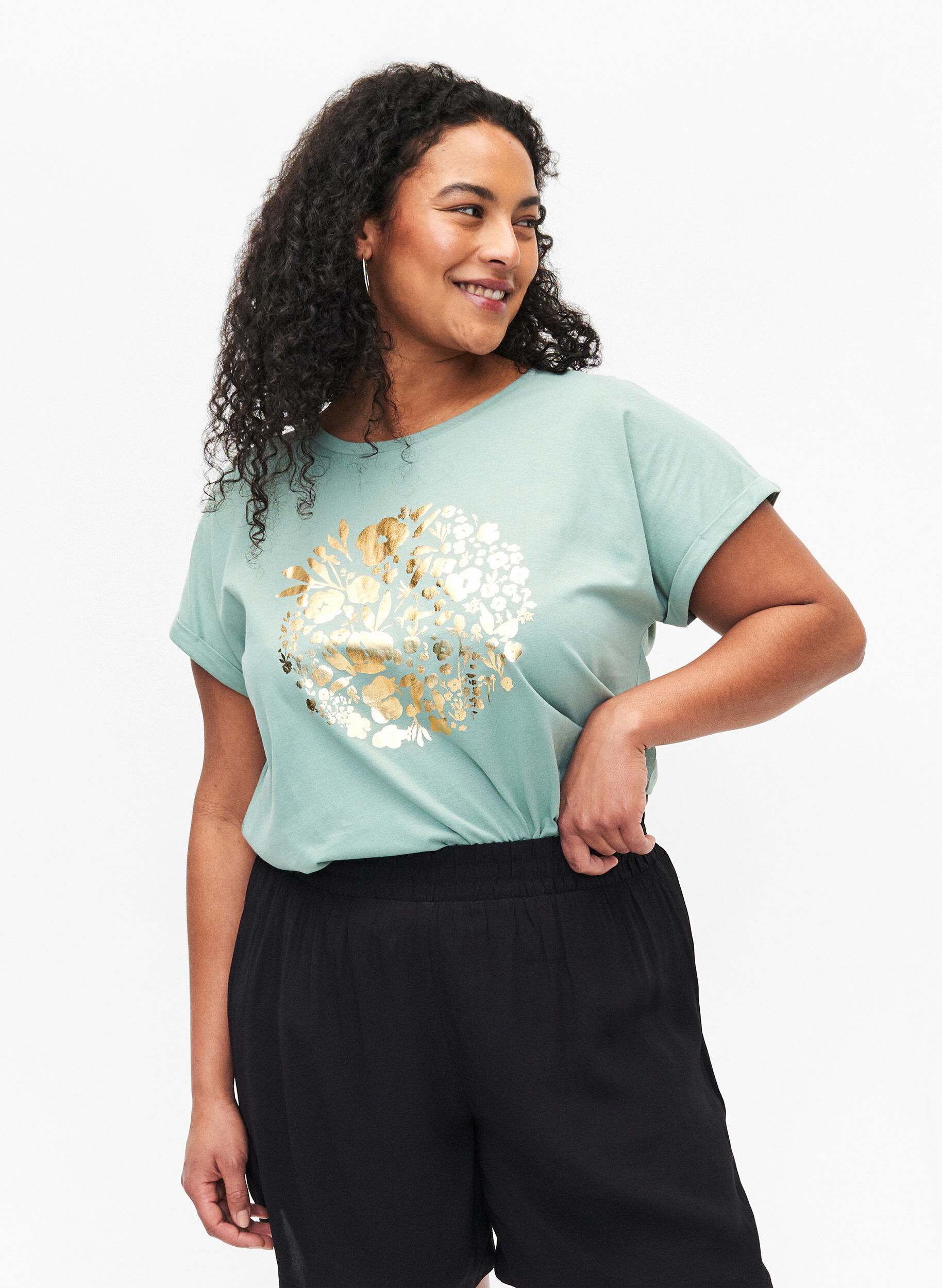 Zizzi T-shirt i &oslash;kologisk bomuld med guldtryk, Ch.Green Gold Flower, Model image number 0