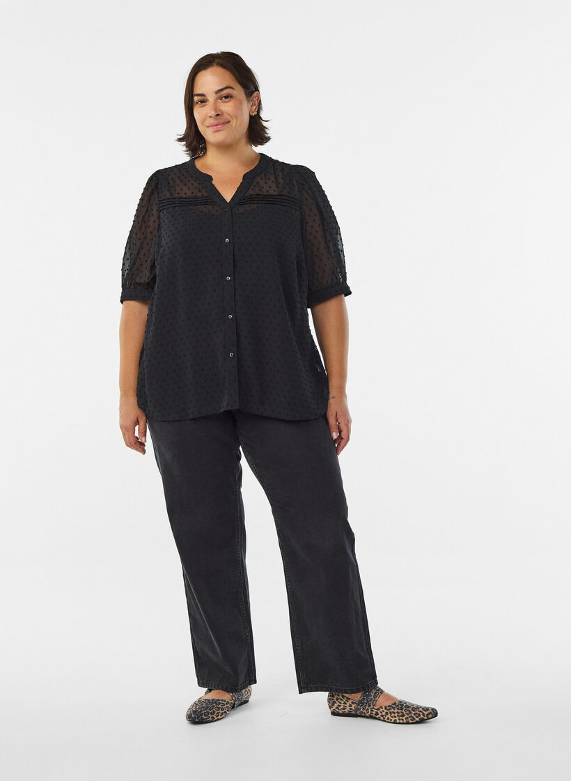 Skjortebluse med korte ærmer og prikket tekstur, Sort, Model image number 1