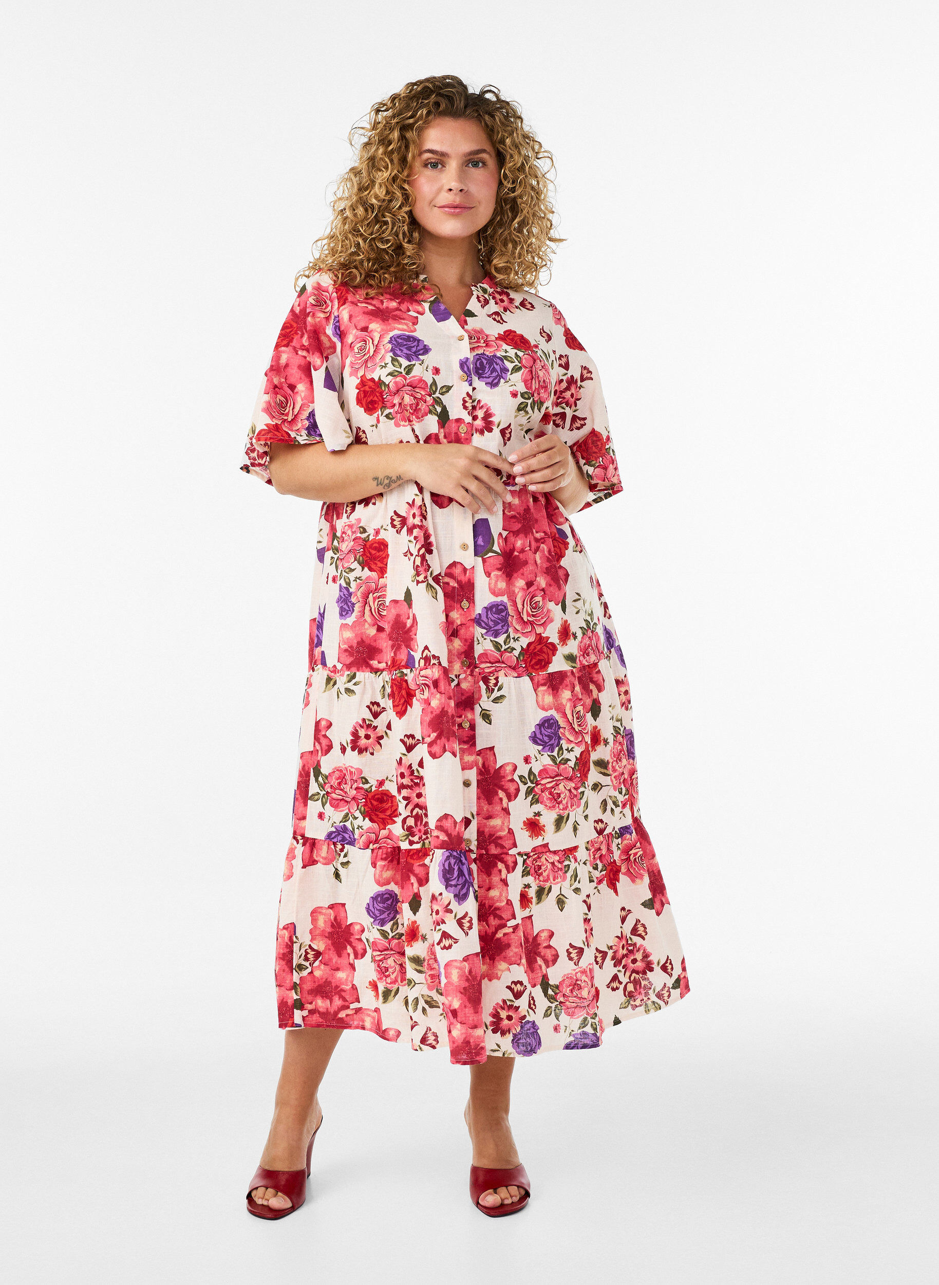 ZizziMidikjole i bomuld med blomsterprint, R&oslash;d, Model image number 0