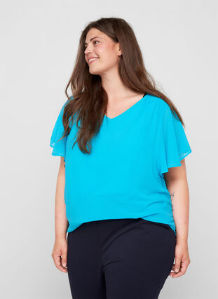 Bluse med korte ærmer, River Blue, Model image number 0