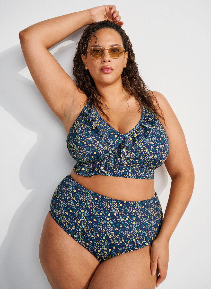 Blomstret bikini bh med flæsedetaljer, Blå, Image image number 0