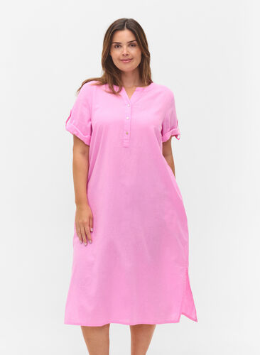 Lang skjortekjole med korte ærmer, Begonia Pink, Model image number 0