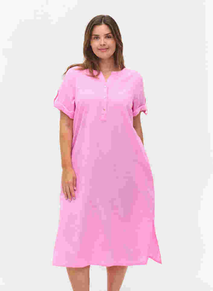Lang skjortekjole med korte ærmer, Begonia Pink, Model image number 0