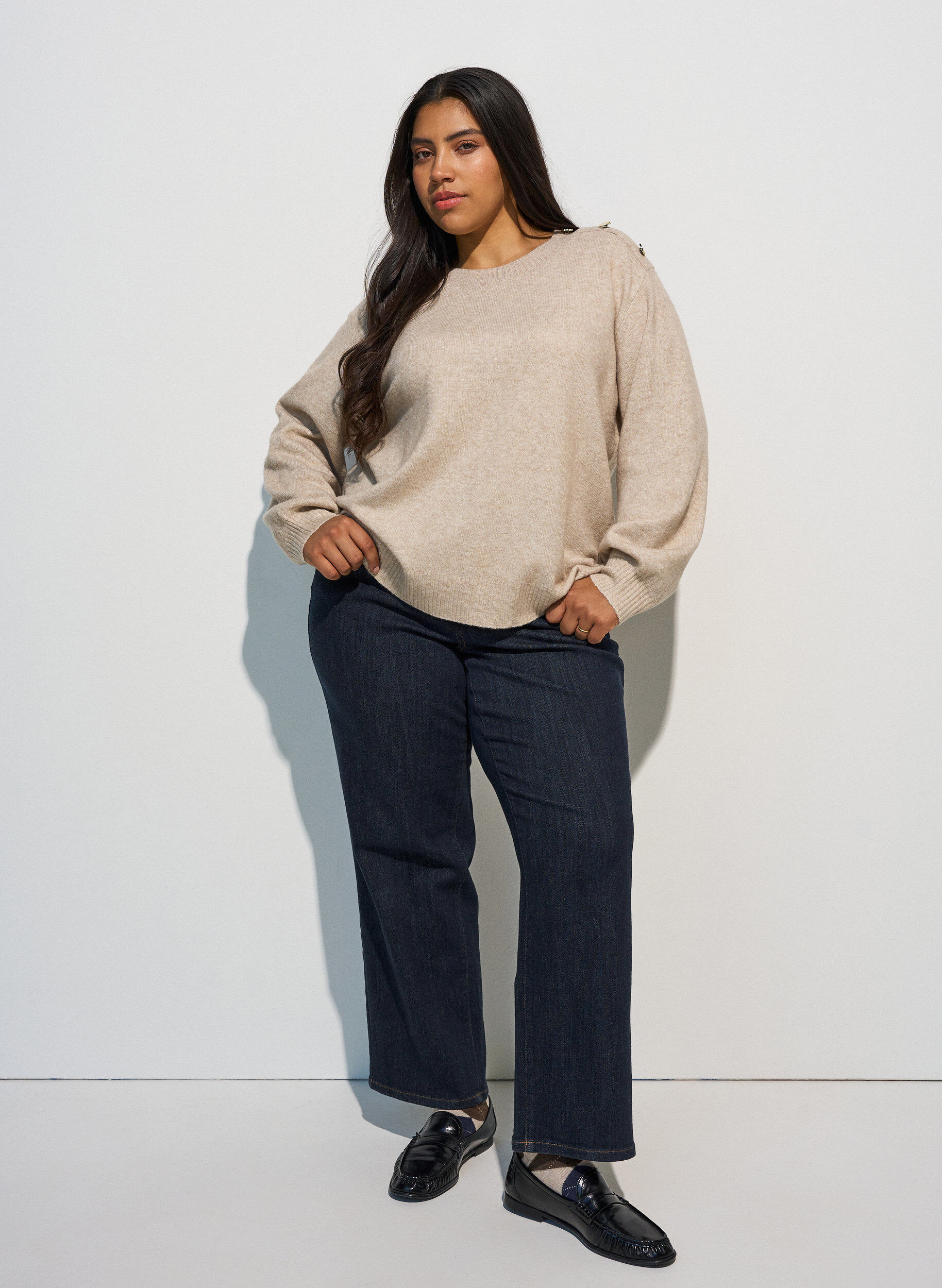 ZizziStrikbluse med knapdetalje, Beige, Model image number 1