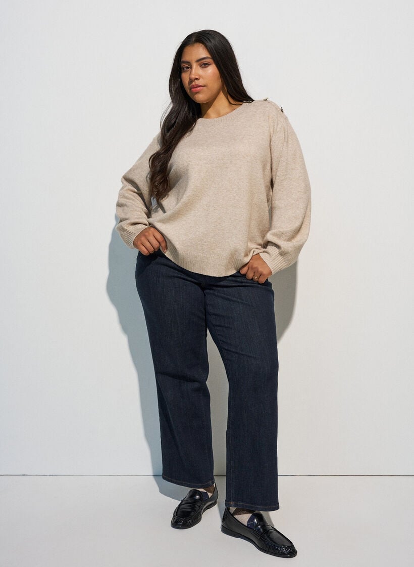 Strikbluse med knapdetalje, Beige, Model image number 1