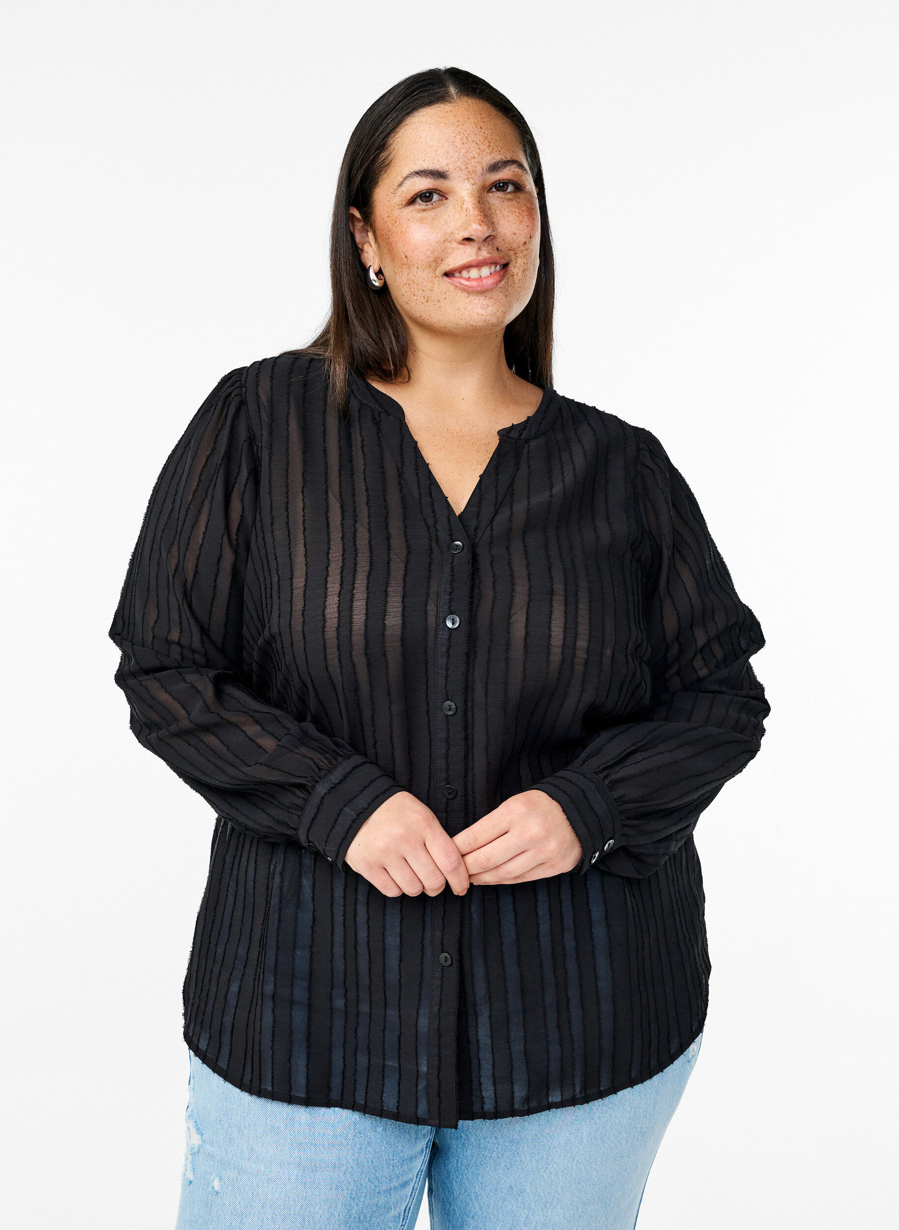 Zizzi Skjortebluse med transparent striber, Sort, Model image number 0